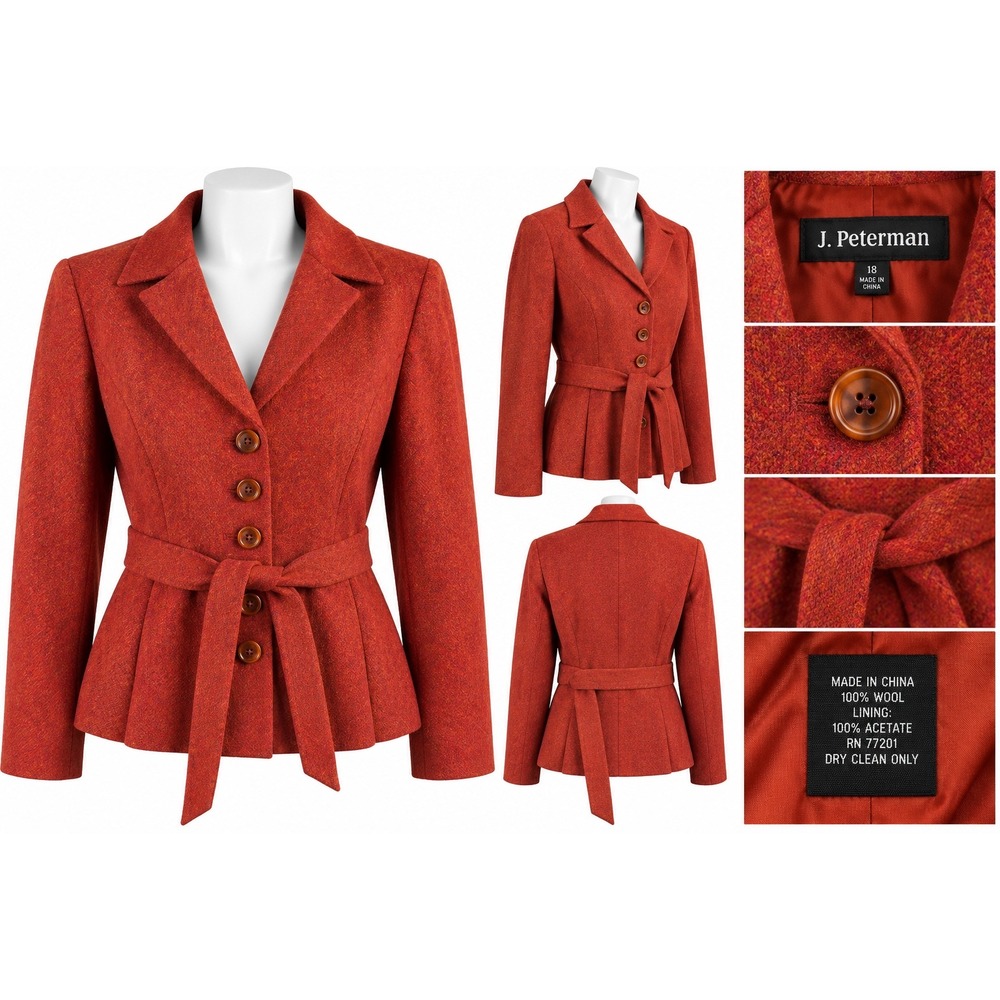 Vintage J. Peterman Womens Burnt Orange 100% Wool Tweed Belted Blazer Size 18